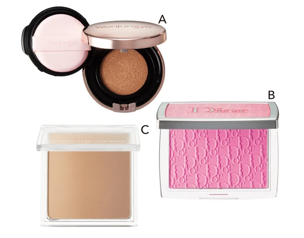 Aウォンジョンヨ フィッティングクッション グロウ 01 SPF50+・PA+++ ¥2420／Rainmakers　Bディオール バックステージ ロージー グロウ 001 ¥5390／パルファン・クリスチャン・ディオール　Cミシャ コットン ミックス シェーディング 4 ¥1320／ミシャジャパン　