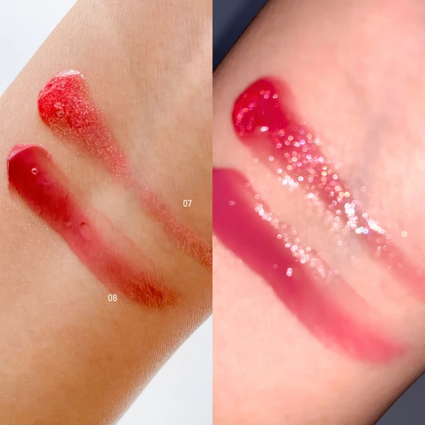 ランコム ジューシー チューブ 07 08 スウォッチ 自然光とライト比較