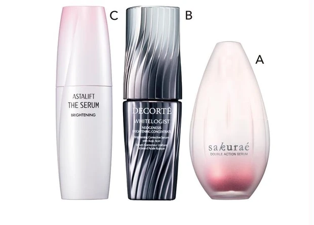 A サクラエ ダブルアクションセラム[医薬部外品] 33ml ￥13000／大塚製薬　B ホワイトロジスト ネオジェネシス ブライトニング コンセントレイト[医薬部外品] 40ml ￥16500／コスメデコルテ　C アスタリフト ザ セラム ブライトニング[医薬部外品] 40ml ￥7150／富士フイルム （3月1日発売）