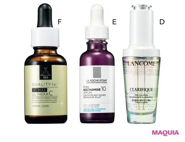 乾燥が原因の「開き毛穴」は保湿や血液の巡り、肌再生力アップを意識する_ナイアシンアミドで肌再生力を高める_クラリフィック ブライトニング セラム[医薬部外品] 30ml ￥16500／ランコム_N10 セラム 30ml ￥6050／ラ ロッシュ ポゼ_ダーマレーザー ウルセラC 30ml ￥2200／クオリティファースト