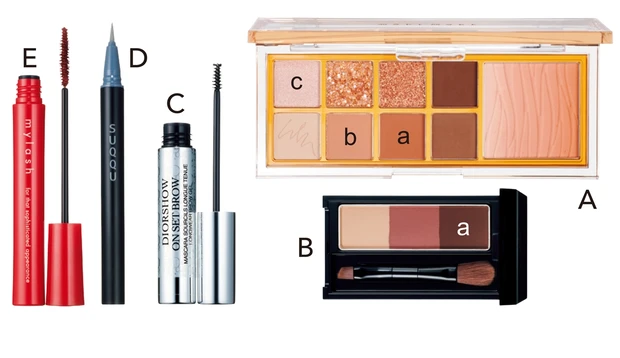 A ミックスブラーリングアイパレット 02 ￥3890／WAKEMAKE　B ケイト デザイニングアイブロウ3D EX-8 ￥1210（編集部調べ）／カネボウ化粧品　C ディオールショウ オン セット ブロウ ウォータープルーフ 00 ￥3520／パルファン・クリスチャン・ディオール　D ニュアンス アイライナー 03 ￥3300／SUQQU　E オペラ マイラッシュ アドバンスト 02 ￥999／イミュ（限定品）