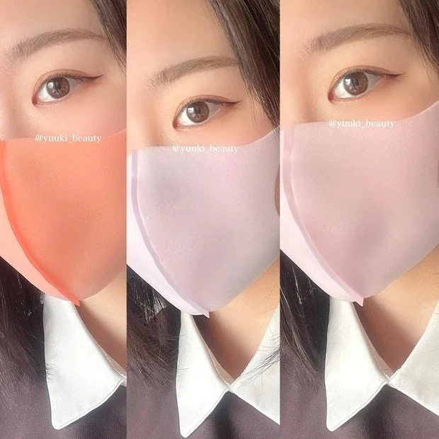 メイクが付きにくく、血色感をプラスしてくれるPITTA MASK_【着用写真】左から、サーモンピンク、ラベンダー、ベイビーピンク