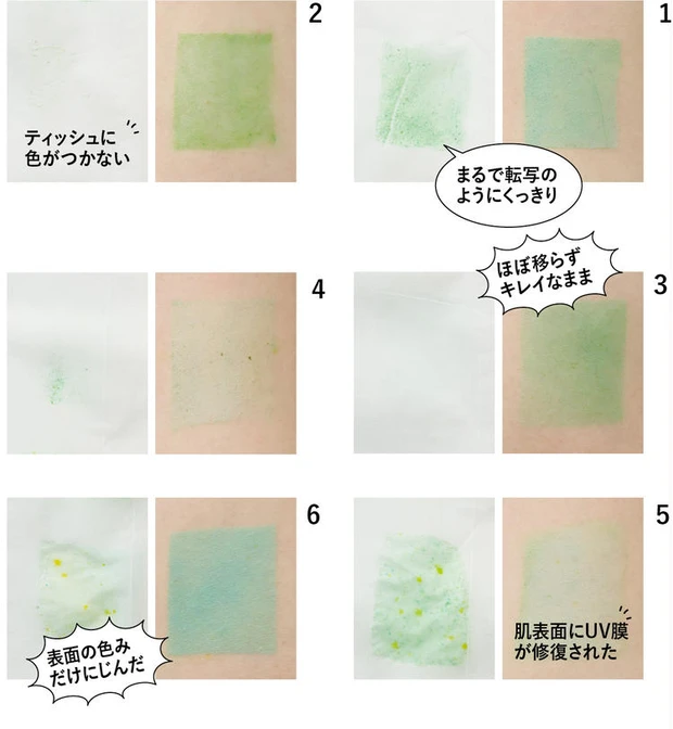 ティッシュオフの検証結果:6製品いずれも肌には膜感が残ってガードも