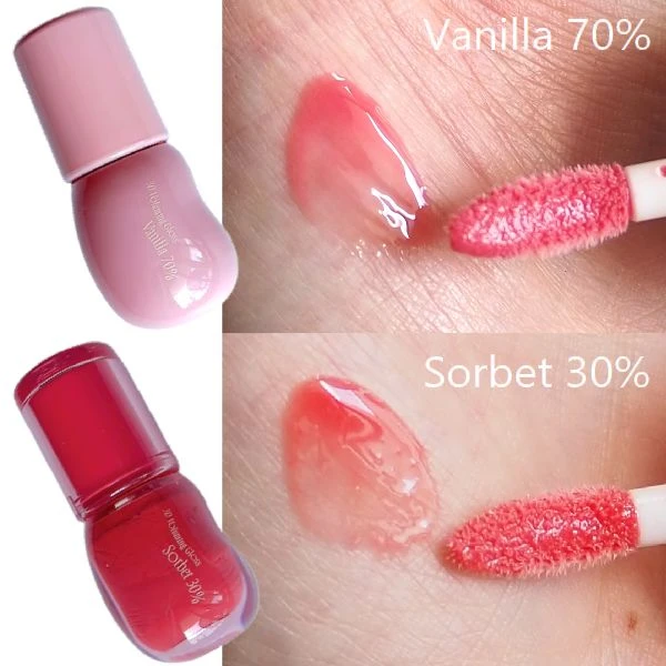 「fwee 3D ボリューミング グロス」のバニラ70%とソルベ30％の発色比較