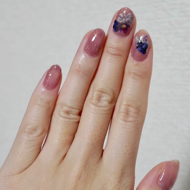 【ネイル】金箔入りジェルでセルフでもホイルネイルが簡単に！くすみカラーのお花と合わせて♩_2_3