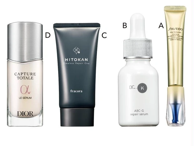 A SHISEIDO バイタルパーフェクション リンクルリフト ディープレチノホワイト5[医薬部外品] 20g ￥14740／SHISEIDO　B ABC-Gリペアセラム 20ml ￥8250／ドクターケイ （3月1日発売）　C フラコラ HITOKAN タイムレスリペアワン GR 65g ￥6645／協和　D カプチュール トータル ル セラム 30ml ￥15950／パルファン・クリスチャン・ディオール