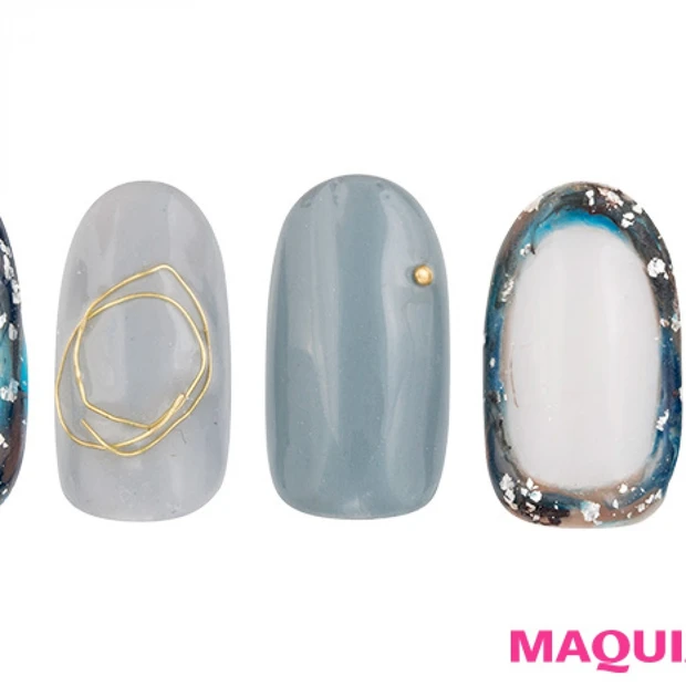 くすみカラーの今っぽ「囲み」ネイルは、粉雪ホイルで冬らしいトッピングを