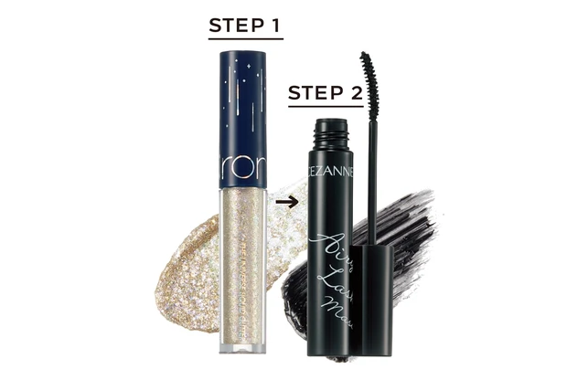 （左）ロムアンド ザユニバース リキッドグリッター 01 ￥1100／PLAZA　（右）エアリーロングラッシュマスカラ ブラック ￥638／セザンヌ化粧品