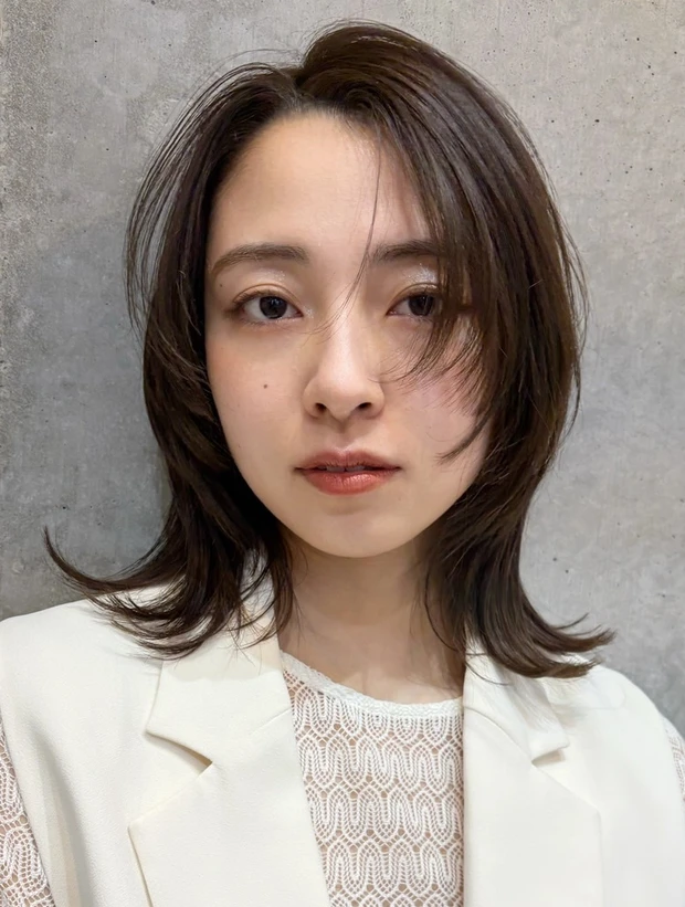 髪型　ミディアム　ウルフ風ミディアム　前髪なし　サイド