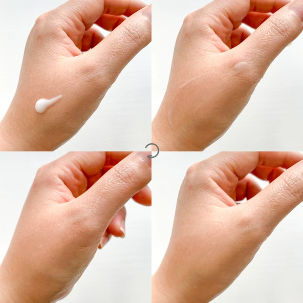 ケアセラ APを手の甲に出して伸ばし、肌に吸い付くように馴染むまでのテクスチャー変化