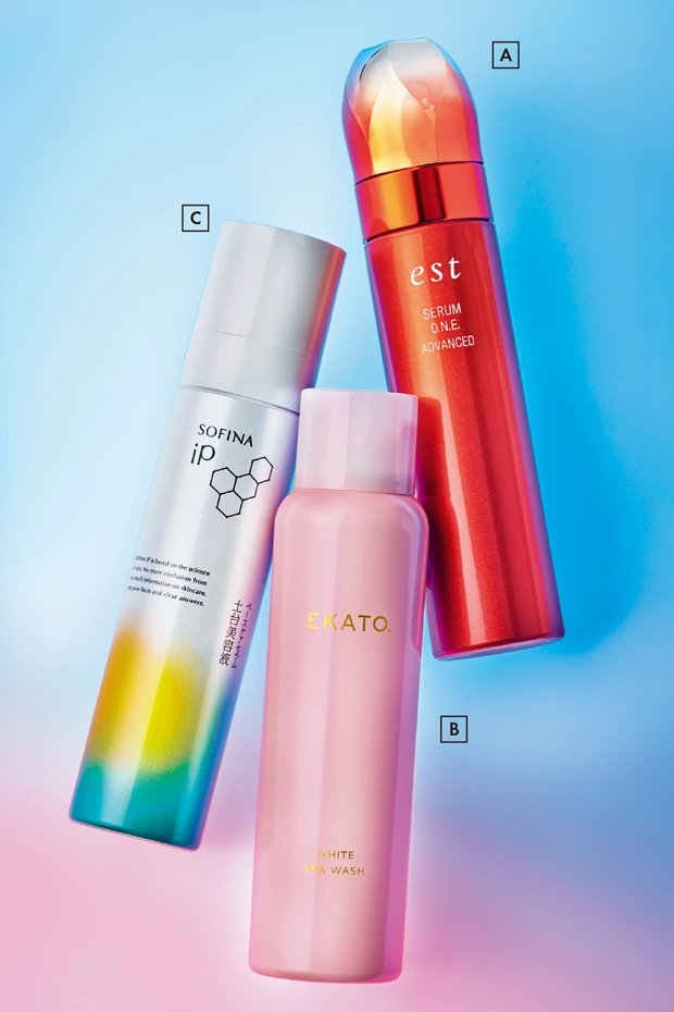 【対策1】炭酸コスメでめぐりをアップ_A エスト セラム ワン アドバンスド［医薬部外品］90g ￥13200／花王_B ホワイト スパウォッシュ 120g ￥4620／EKATO._C ソフィーナ iP ベースケアセラム〈土台美容液〉90g ￥5500（編集部調べ）／花王