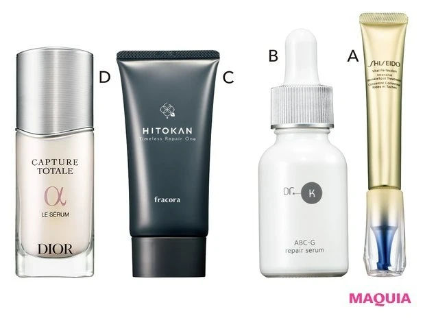 加齢で起こる「たるみ毛穴」は、ハリケア、弾力アップがポイント_幹細胞系とビタミンAコスメで肌を底上げ_SHISEIDO バイタルパーフェクション リンクルリフト ディープレチノホワイト5［医薬部外品］ 20g ￥14740／SHISEIDO_ABC-Gリペアセラム 20ml ￥8250／ドクターケイ_フラコラ HITOKAN タイムレスリペアワン GR 65g ￥6645／協和_カプチュール トータル ル セラム 30ml ￥15950／パルファン・クリスチャン・ディオール