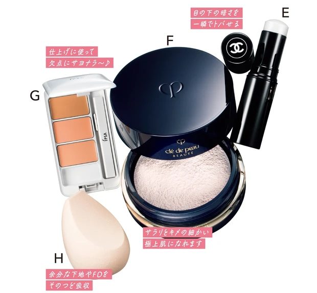 E ボーム エサンシエル ペルルセント 8g ￥6050／シャネル　F プードルトランスパラントn 1 26g ￥13200／クレ・ド・ポー ボーテ　G クリエイティブコンシーラーe SPF25･PA+++ ￥3850／イプサ　H レポンジュ ￥2200／クレ・ド・ポー ボーテ