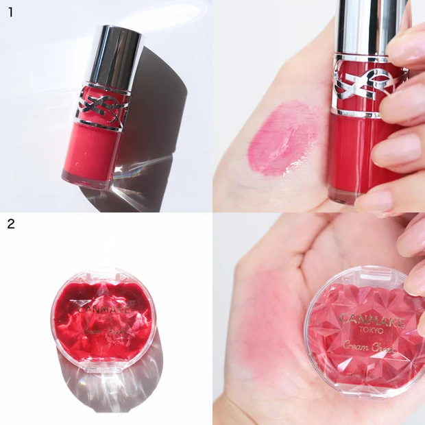 黒ニットに似合うメイク レッドコスメ YSL ラブシャイン グロスプランパー #7 ストロベリー スター CANMAKE クリームチーク CL01 クリアレッドハート