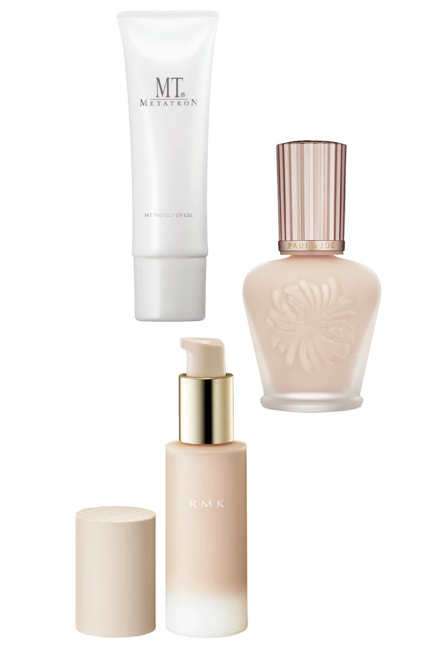 （上から）MTメタトロン MT プロテクト UVジェル、ラトゥー エクラ ファンデーション プライマー N、ラスティング ジェルクリーミィファンデーション 202