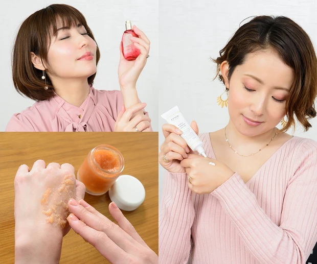 (左上)クラランス フィックス メイクアップ 50ml ¥4000/クラランス、(左下)イトリン エレメンタリー フェイシャルゴマージュ 100g ¥12000/イトリン、(右)エトヴォス モイストバリアクリーム 30g ¥3500/エトヴォス