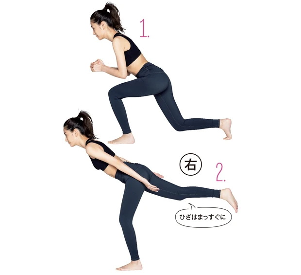 1.右脚を引き重心を左脚に／2.右脚を蹴り上げてT字に