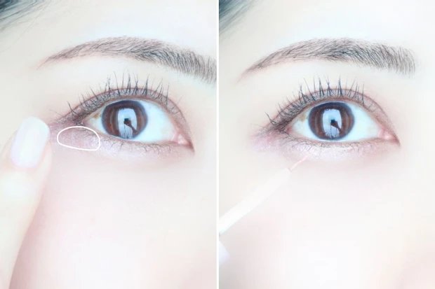 下まぶた目尻と黒目下に細くラメを塗る