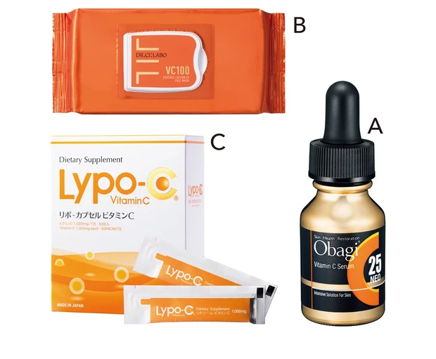 A オバジC25 セラム ネオ 12ml ¥11000／ロート製薬　B VC100エッセンスローションEXフェイスマスク 20枚入 ¥2640／ドクターシーラボ　C リポ・カプセル ビタミンC 30包入 ¥7776／スピック