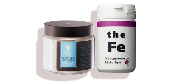 （右から）TAKAKO STYLE the Fe 60カプセル ¥6156／松倉クリニック代官山　ジョルダニアン デッドシーソルト 500g ¥4620／バラカ