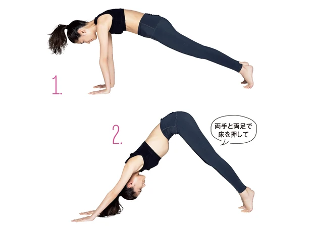 1.四つん這いになりひざを上げる／2.お尻を上げて脇を伸ばす