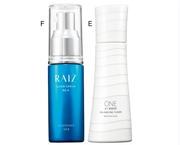 E ONE BY KOSÉ バランシング チューナー[医薬部外品] 120ml ￥4950／コーセー　F ライース クリアセラム No.6 [医薬部外品] 30ml ￥5500／勇心酒造 