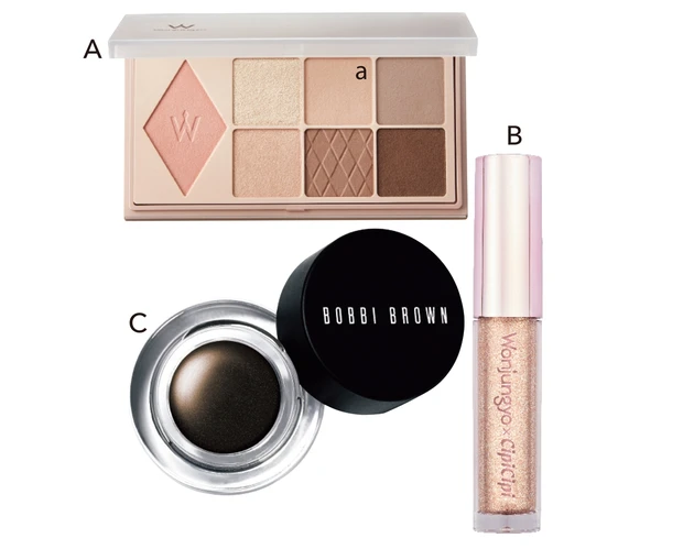 Aウォンジョンヨ W デイリームードアップパレット 02 ¥2420、B同 ダイヤモンドライナー 03 ¥1540／Rainmakers　Cロングウェア ジェルアイライナー 13 ¥3960／ボビイ ブラウン