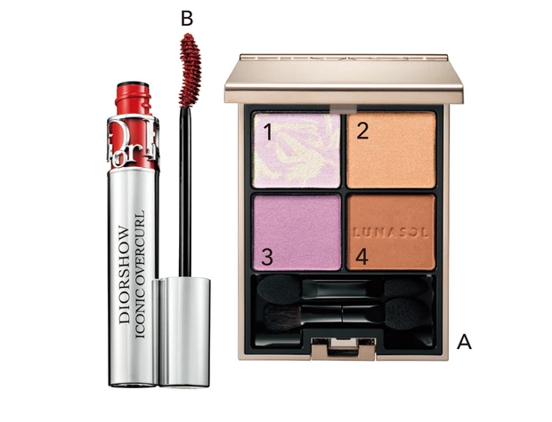 A ルナソル アイカラーレーション EX28 ￥6820／カネボウ化粧品（限定色）　B マスカラ ディオールショウ アイコニック オーバーカール 664 ￥4950／パルファン・クリスチャン・ディオール（限定色）