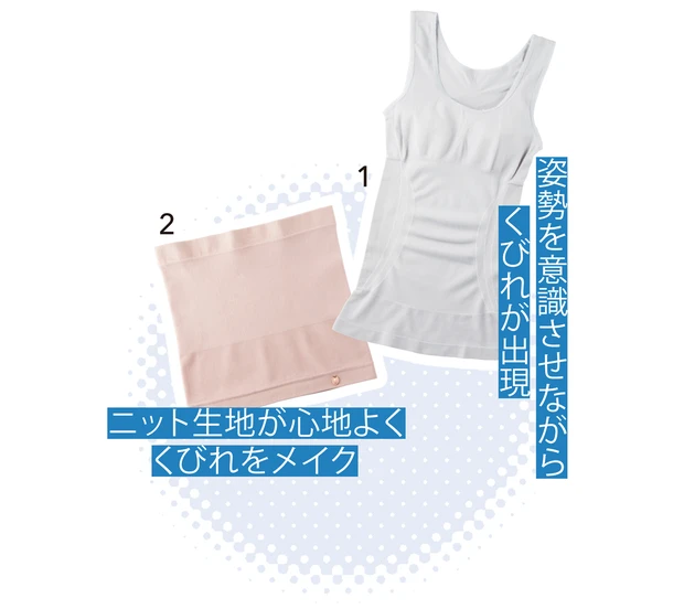 1 くびれの魔法® タンクトップ M、L、LL 全3色 各￥2200／ルシアン　2 ナイスバディウエストシェイパー S、M、L、LL 全4色 各￥2100／ピーチ・ジョン