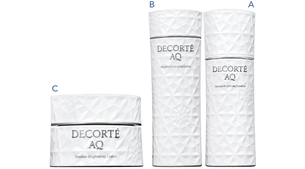 AQ アブソリュート エマルジョン ブライト［医薬部外品］ 200ml ¥11000、B同 アブソリュート ローション ブライト［医薬部外品」200ml ¥11000、C同 アブソリュート クリーム ブライト［医薬部外品］ 50g ¥33000／コスメデコルテ