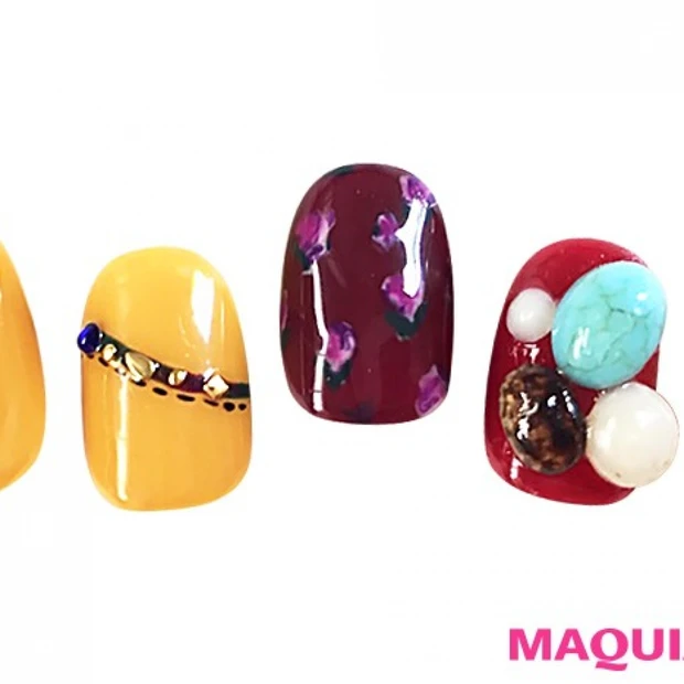 鮮やかカラーとストーンでインパクト大！ 「キャメル＆マスタード」ネイル