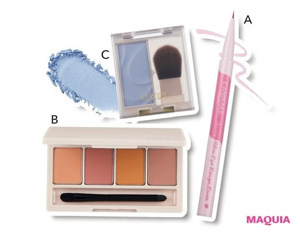 Over35が推す「大人に最適！ 鉄板プチプラコスメ」_大人肌に足りない立体感や透明感は技ありプチプラコスメを投入_キャンメイク 3way スリムアイルージュライナー 03 ￥770／井田ラボラトリーズ_フジコ 足しパレ 01 ￥2090／かならぼ_エクセル シームレストーン ブラッシュ SB01 ￥1650／常盤薬品工業　