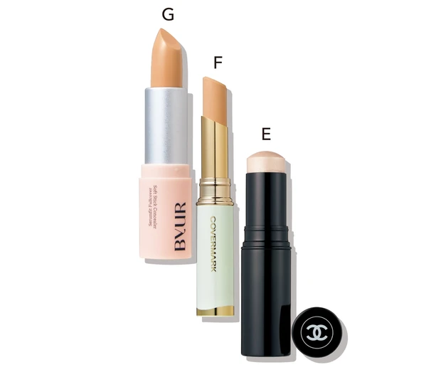 E ボーム エサンシエル スカルプティング ¥6600／シャネル　F ブライトアップファンデーション SPF33・PA+++ 全4色 各￥3850／カバーマーク　G バイユア セラムフィット フルカバー ソフトスティック コンシーラー SPF22・PA++ 全2色 各￥2090／Hamee