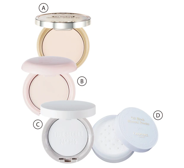 Aキャンメイク マシュマロフィニッシュパウダー SPF50・PA+++ 全4色 各￥1034／井田ラボラトリーズ　Bフェイスエディション（パウダー）￥2090／エテュセ　Cタイムシークレット ミネラル 薬用プレストクリアベール［医薬部外品］ SPF24 ￥1980／msh　Dキャンメイク オイルブロックミネラルパウダー 01 ￥748／井田ラボラトリーズ