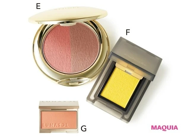 セルヴォーク ヴォランタリー アイズ 36を使ったイエローメイク_シルキー タッチ アイズ 02 ￥2970／スナイデル ビューティ_ヴォランタリー アイズ 36 ￥2200／セルヴォーク_ルナソル カラーリングシアーチークス（グロウ） EX05 ￥3850（セット価格）／カネボウ化粧品（限定色）