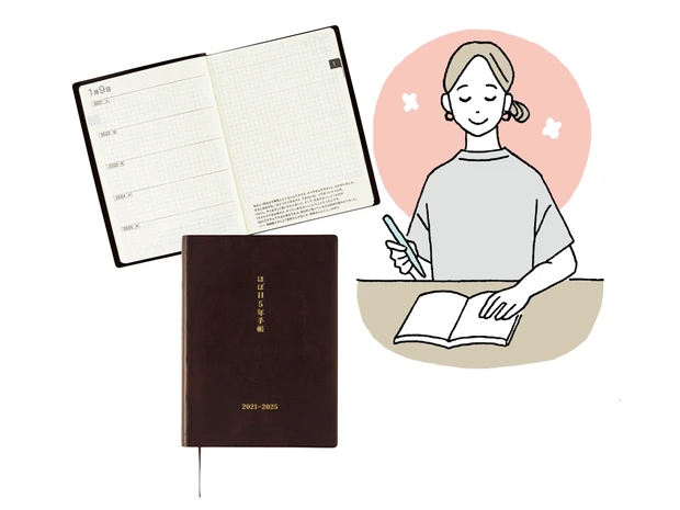 5年分の記録が1冊に。A6サイズ。ほぼ日5年手帳 ￥4180／ほぼ日（写真の2021-2025は完売。2022-2026版は、今年の9月に発売予定）