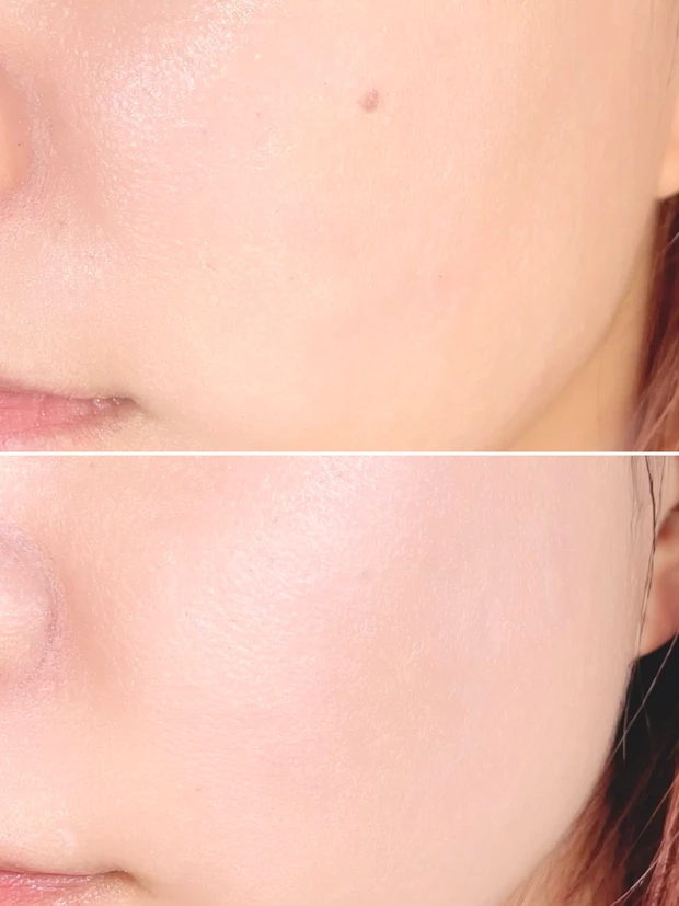 上:ファンデーションのみ 下:パクト使用後