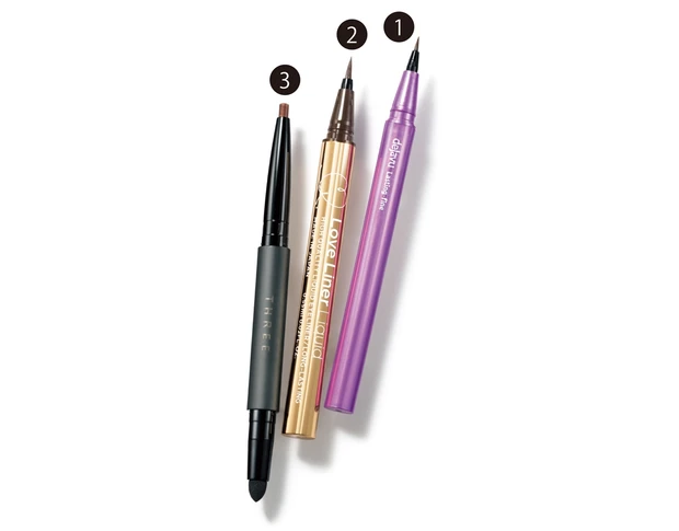 1 デジャヴュ ラスティンファインE ショート筆リキッド コッパーブラウン ￥1430／イミュ　2 ラブ・ライナー リキッドアイライナーR4 ブラウン ￥1760／msh　3 サブトーンディファイニング アイペンシル 03 ￥2420／THREE