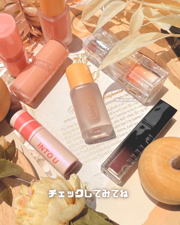 hince ロウグロウジェルティントミニ R001ベア　税込990円  Laka フルーティグラムティントミニ 121Ash Nut   税込990円  Dinto ブラーグローイミニリップティント 252memento mori  税込980円  TIRTIR ウォーターリズムグロウティント 22SNOWY PEACH 税込990円  INTOU スーパーマットリップアンドチークマッドミニセット シュガーダストコレクション 01EM05+EM525  税込1,430円