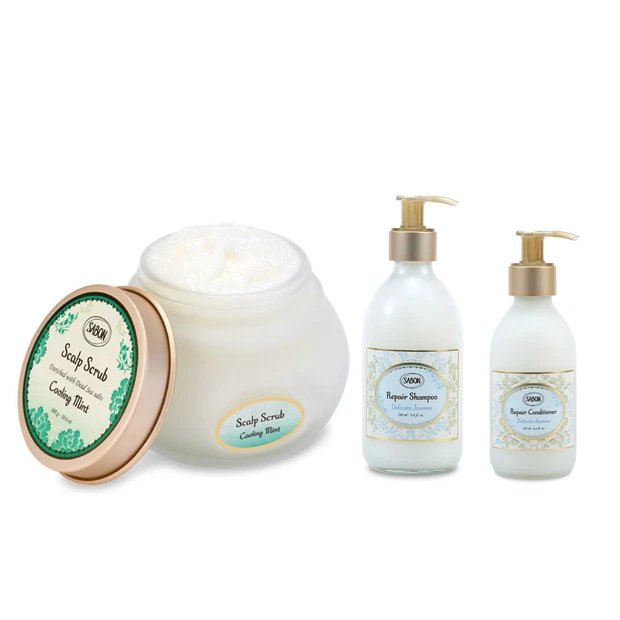 【SABON】ヘッドスクラブ リフレッシング<br>リペアシャンプー デリケート・ジャスミン<br>リペアコンディショナー デリケート・ジャスミン