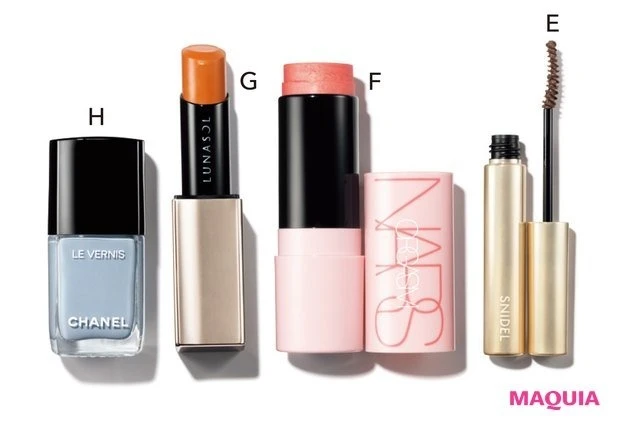 ロング ラッシュ マスカラ 02 ¥3410/スナイデル ビューティ ザ マルティプル 03137 ¥5500/NARS JAPAN(限定品) ルナソル プランプメロウリップス EX18 ¥4400/カネボウ化粧品 ヴェルニ 125 ¥4620/シャネル(6月2日発売)