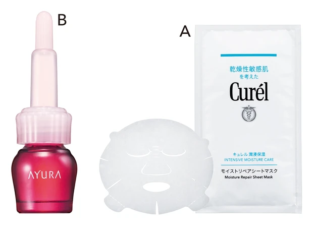 Aキュレル 潤浸保湿 モイストリペアシートマスク（医薬部外品） 4枚入 ￥1650（編集部調べ）／花王　Bセラムオプティマイザー 7ml ￥2750／アユーラ