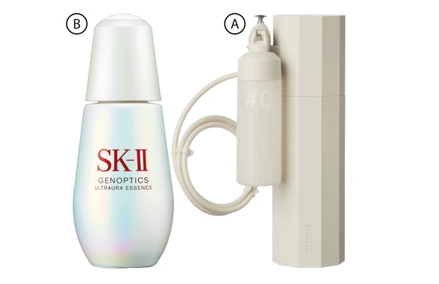 A MEGLY スターターキット（めぐり導入液 #0×1本・炭酸ガスカートリッジ×1本つき）￥30000／MTG　B ジェノプティクス ウルトオーラエッセンス（医薬部外品）50ml ￥31350(編集部調べ)／SK-II