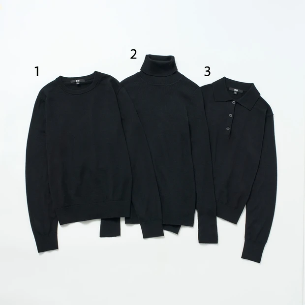 ユニクロ　UNIQLO　黒セーター　黒トップス　メリノクルーネックセーター　メリノリブタートルネックセーター　メリノポロセーター黒