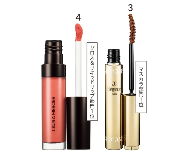 3 グラヴィティレス マスカラ BR21 ¥4400／エレガンス コスメティックス　4 リップグラッセ ハイドレーティング バームグロス 60 ¥3300／ローラ メルシエ ジャパン
