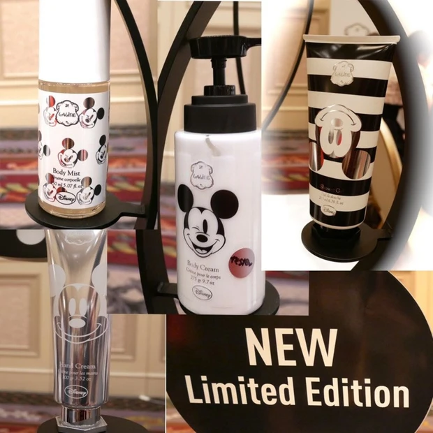 ラリンからミッキーのボディケア限定セット10/1〜予約開始 黒・白・シルバー中心のモノトーンデザインがイイ!おまけとは思えないハンドクリームもついてくる。