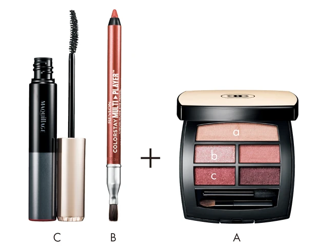 ピンクのアイパレットで作るおすすめピンクメイク5選_5.「プラムピンク」が渗むピンクメイクで大人な印象に_Aレ ベージュ パレット ルガール クール ドゥ シャネル ¥8800/シャネル_カラーステイ マルチプレイヤー アイ ペンシル 406 ¥1540/レブロン(4月22日発売)_Cドラマティックエッセンスマスカラ(ロング&カール) BK990 ¥3080(編集部調べ)/マキアージュ