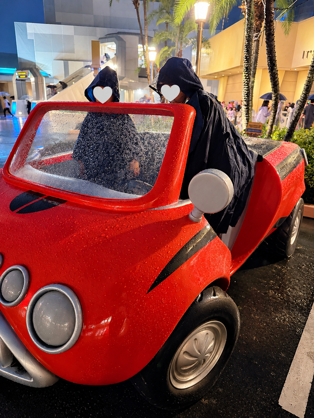 雨のディズニーランドで、赤い車のアトラクションに乗る子どもたち。レインコートとフードで雨対策をし、車や周囲には雨粒が見える。背景にはヤシの木やパークの建物、傘を差した来園者が写っている。