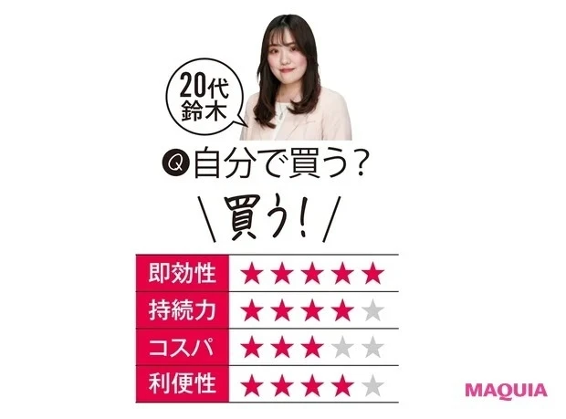 「顔の半分だけ試すとスッと顔が引き上がって、ひと回り小さく立体的になったのがはっきりわかりました。しかも肩も軽くなって。高額だけど投資する価値あり!」(鈴木)