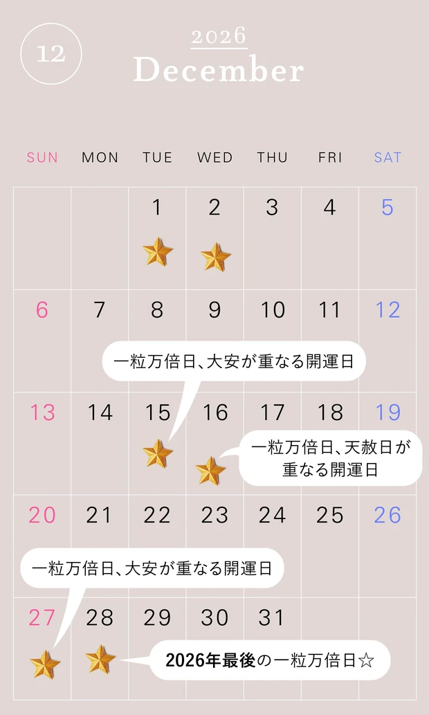2026年の一粒万倍日カレンダー 2026年12月　開運　吉日　